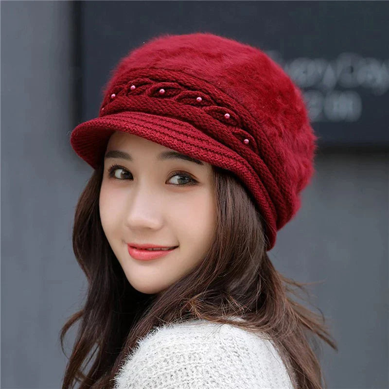 Winter New Peaked Knitted Hat Ladies Thermal Pearl Cap Windproof Solid Color Female Autumn Earmuffs Hat Beret Cap