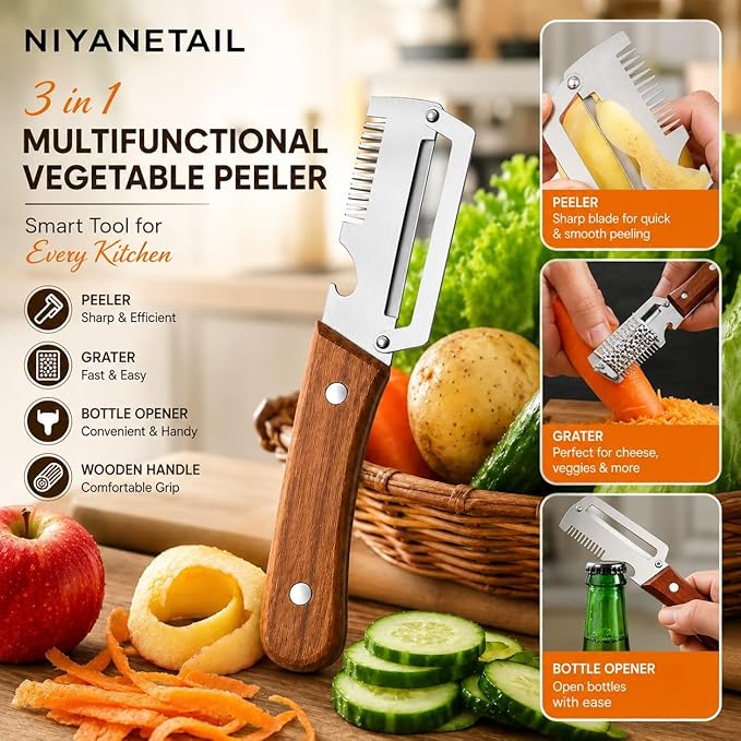 ✨Buy 1 Get 1 Free✨3-in-1 Multifunctional Peeler Knife with Bottle Opener & Wooden Handle
