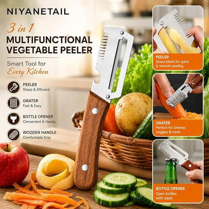 ✨Buy 1 Get 1 Free✨3-in-1 Multifunctional Peeler Knife with Bottle Opener & Wooden Handle