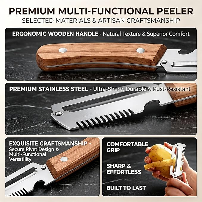 ✨Buy 1 Get 1 Free✨3-in-1 Multifunctional Peeler Knife with Bottle Opener & Wooden Handle