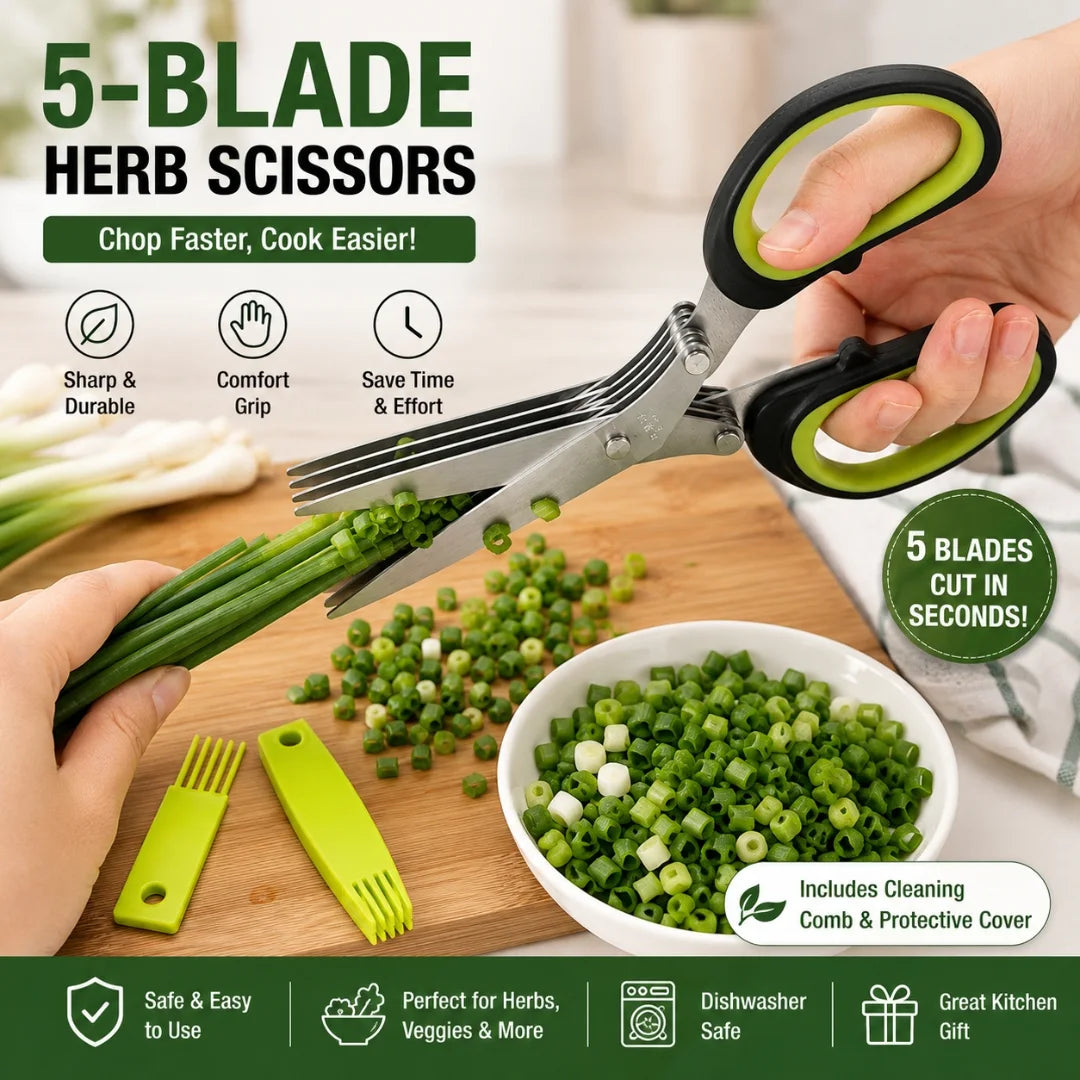 ✨Buy 1 Get 1 Free✨ 5-in-1 Layers Kitchen Scissor – Multi-Blade Herb & Vegetable Cutting Shears with Cleaning Comb | Stainless Steel Kitchen Herb Cutter
