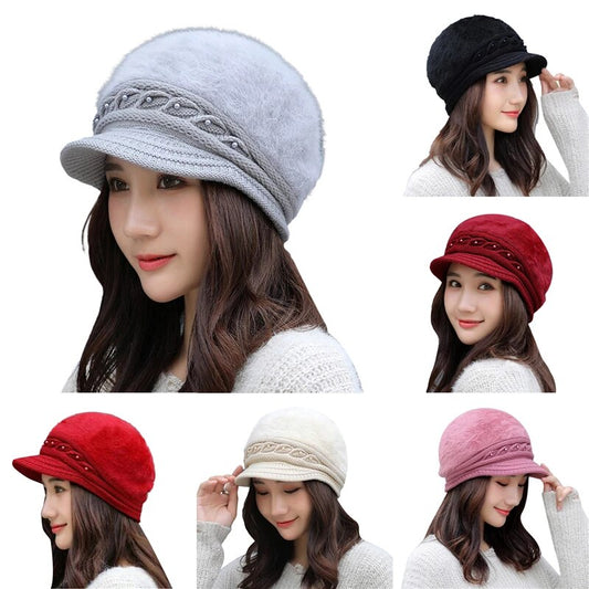 Winter New Peaked Knitted Hat Ladies Thermal Pearl Cap Windproof Solid Color Female Autumn Earmuffs Hat Beret Cap