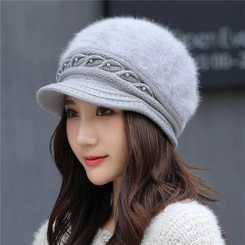 Winter New Peaked Knitted Hat Ladies Thermal Pearl Cap Windproof Solid Color Female Autumn Earmuffs Hat Beret Cap